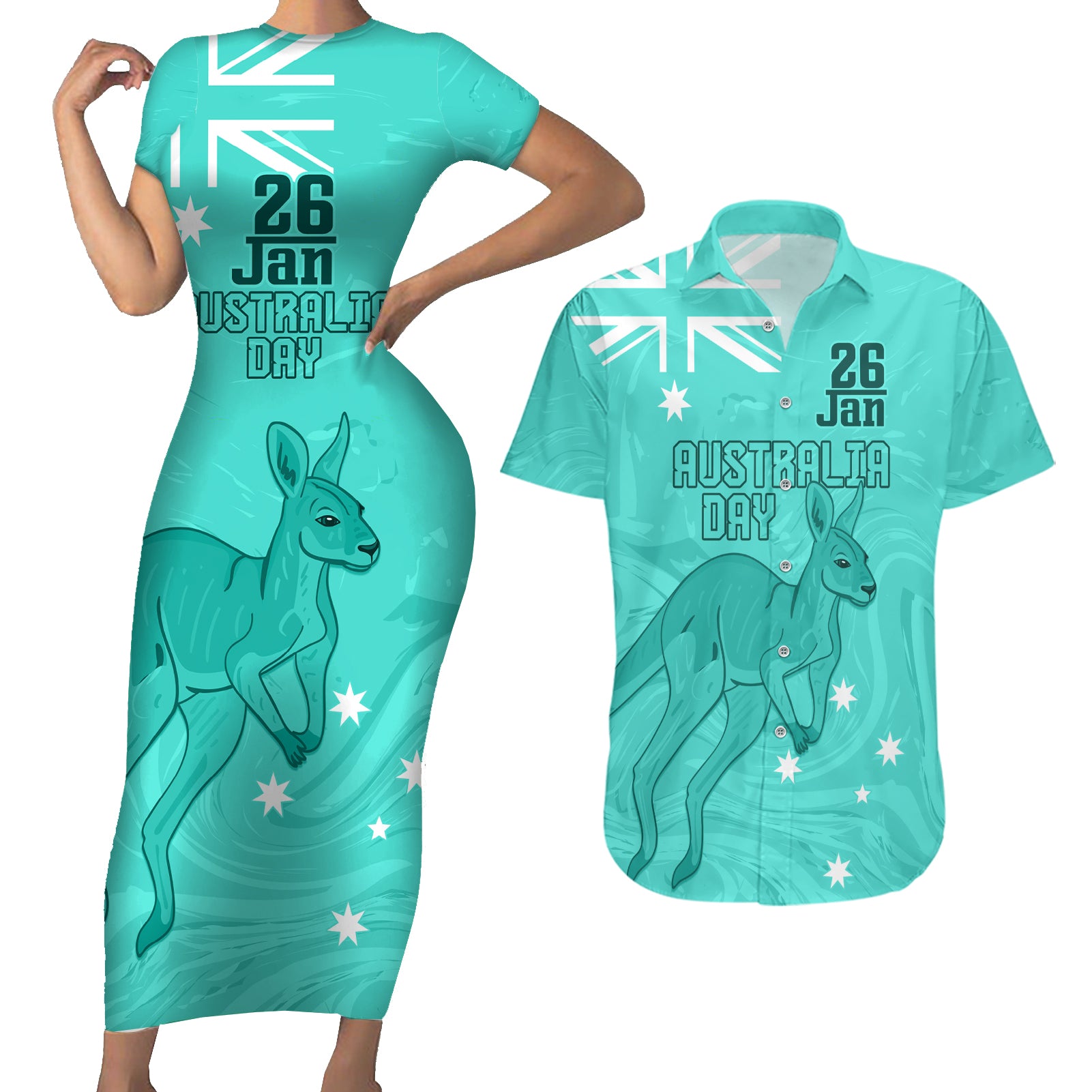 Personalised Matildas Australia Day Couples Matching Short Sleeve Bodycon Dress and Hawaiian Shirt Proud To Be Tillies Turquoise Version