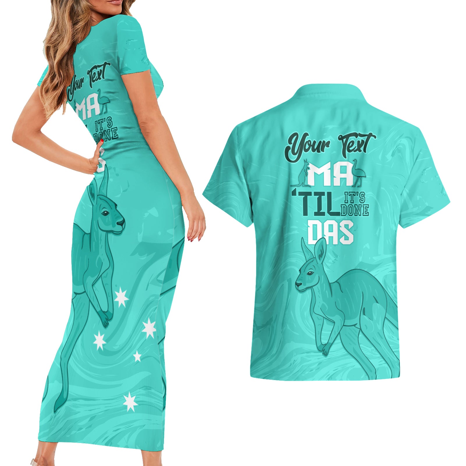 Personalised Matildas Australia Day Couples Matching Short Sleeve Bodycon Dress and Hawaiian Shirt Proud To Be Tillies Turquoise Version