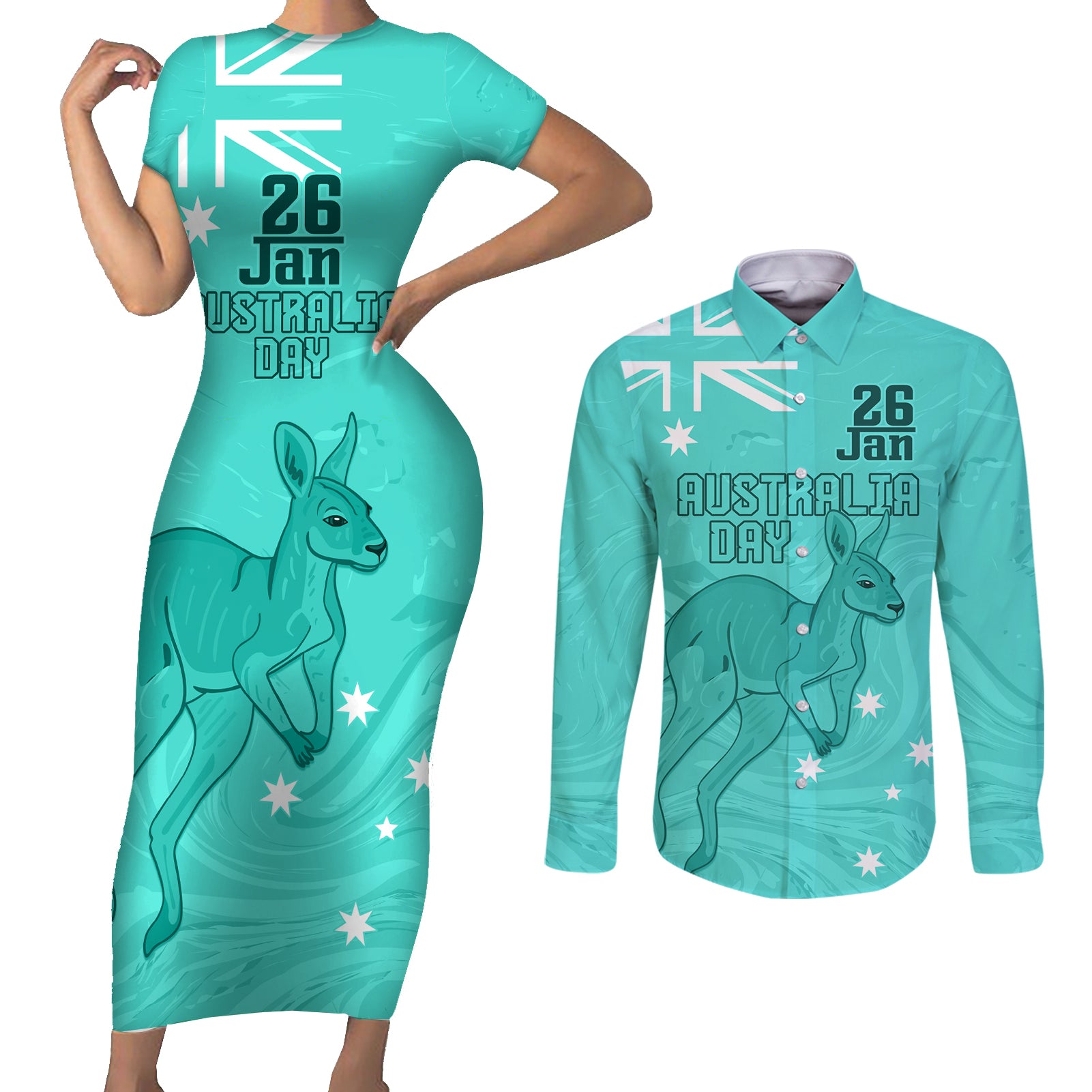 Personalised Matildas Australia Day Couples Matching Short Sleeve Bodycon Dress and Long Sleeve Button Shirt Proud To Be Tillies Turquoise Version