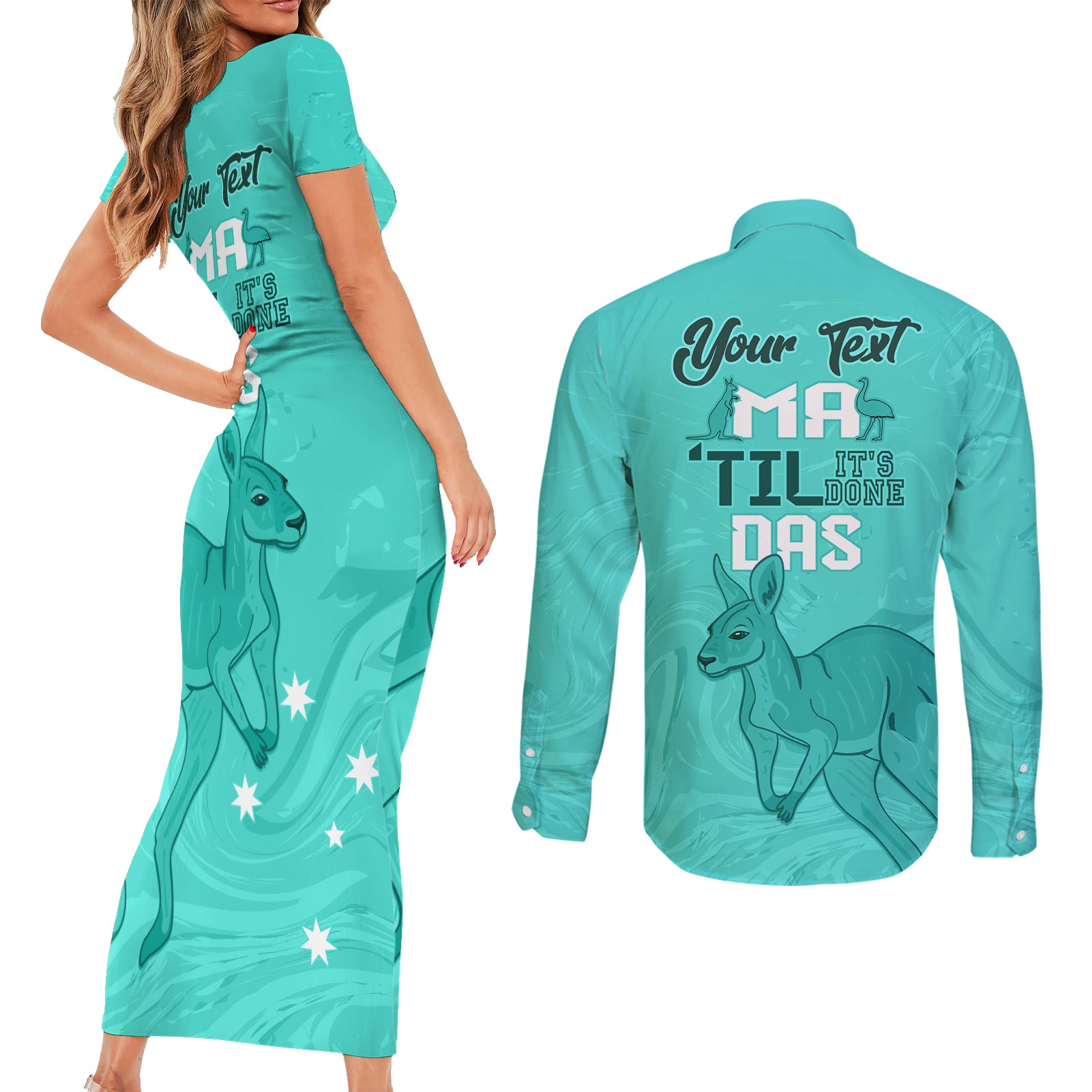 Personalised Matildas Australia Day Couples Matching Short Sleeve Bodycon Dress and Long Sleeve Button Shirt Proud To Be Tillies Turquoise Version