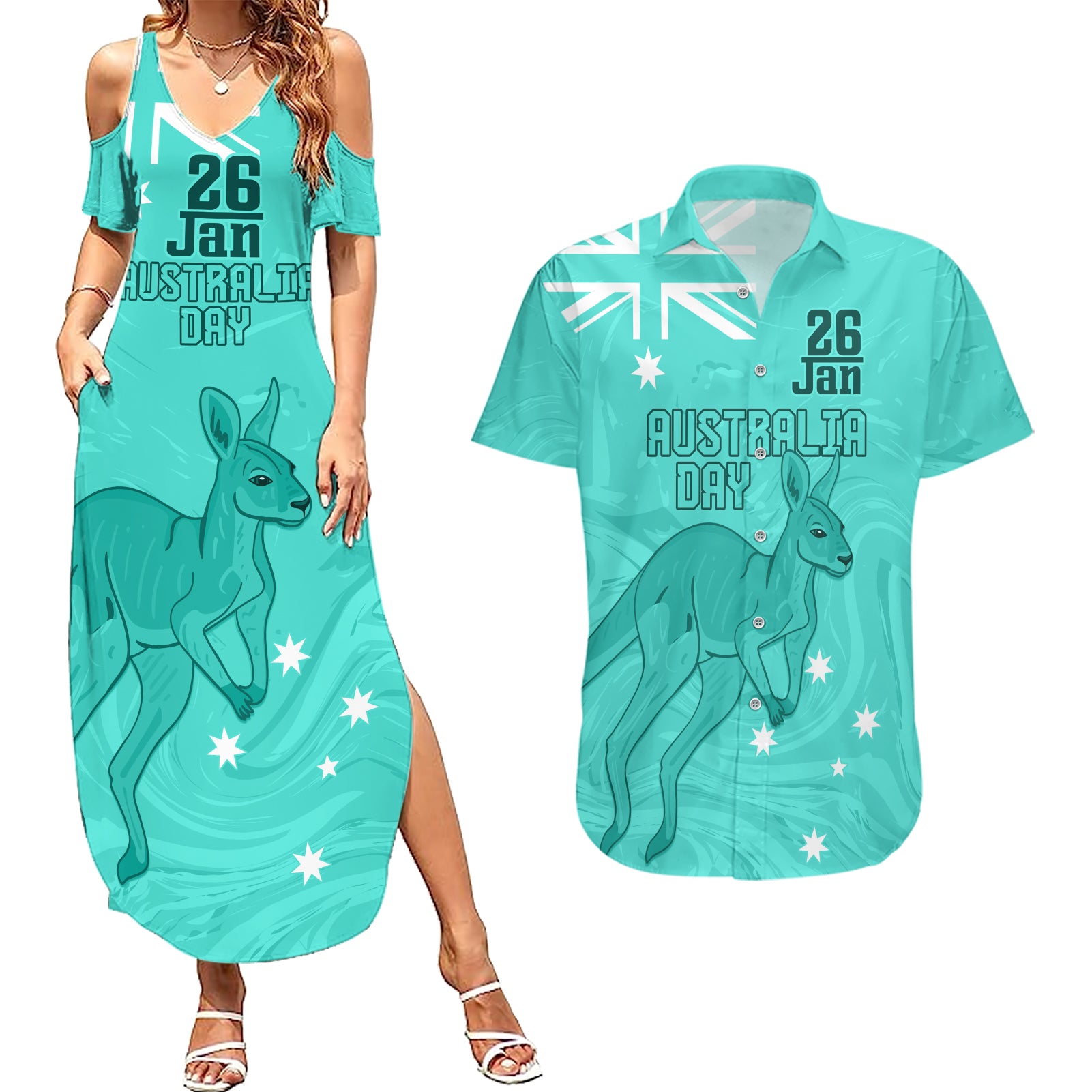 Personalised Matildas Australia Day Couples Matching Summer Maxi Dress and Hawaiian Shirt Proud To Be Tillies Turquoise Version