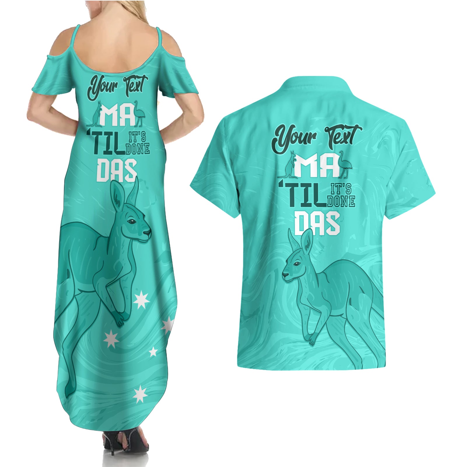 Personalised Matildas Australia Day Couples Matching Summer Maxi Dress and Hawaiian Shirt Proud To Be Tillies Turquoise Version