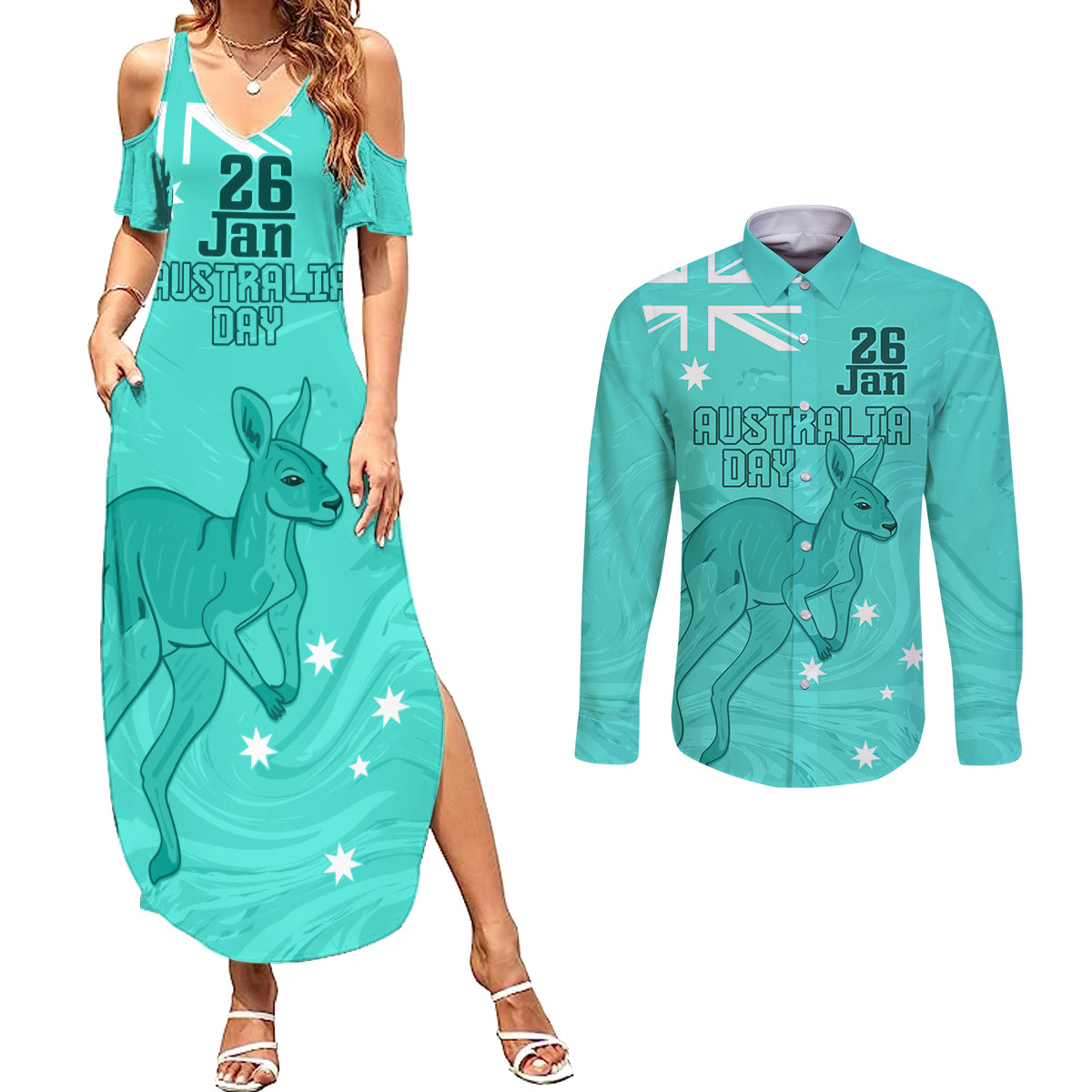 Personalised Matildas Australia Day Couples Matching Summer Maxi Dress and Long Sleeve Button Shirt Proud To Be Tillies Turquoise Version