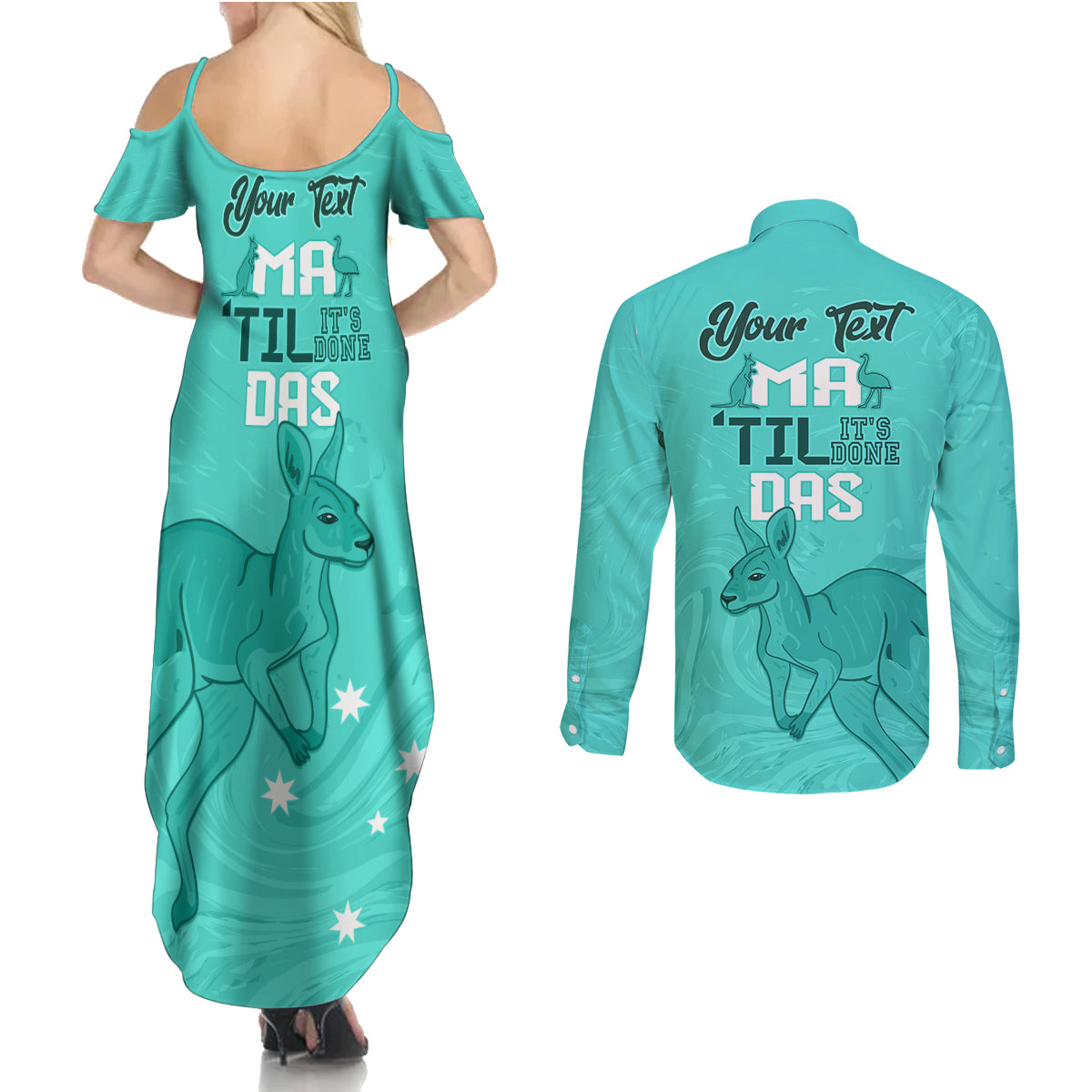 Personalised Matildas Australia Day Couples Matching Summer Maxi Dress and Long Sleeve Button Shirt Proud To Be Tillies Turquoise Version