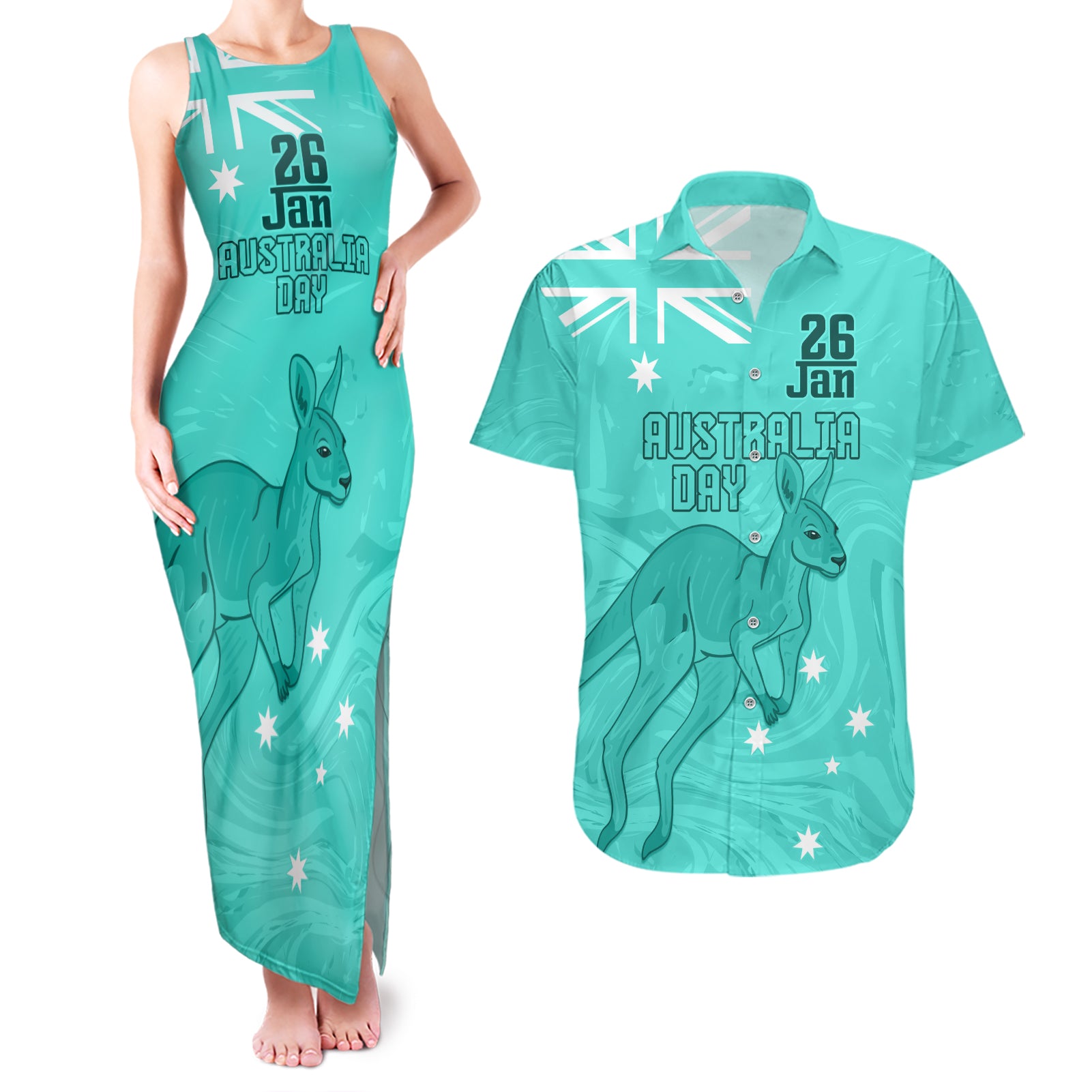 Personalised Matildas Australia Day Couples Matching Tank Maxi Dress and Hawaiian Shirt Proud To Be Tillies Turquoise Version