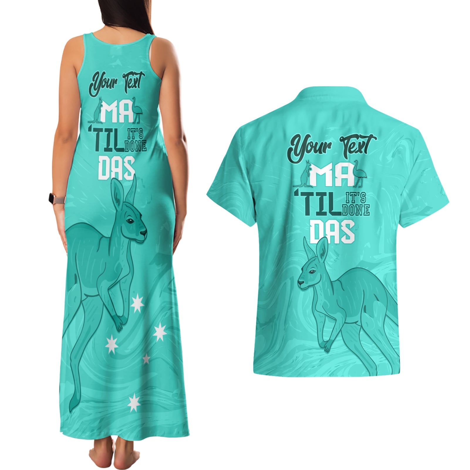 Personalised Matildas Australia Day Couples Matching Tank Maxi Dress and Hawaiian Shirt Proud To Be Tillies Turquoise Version