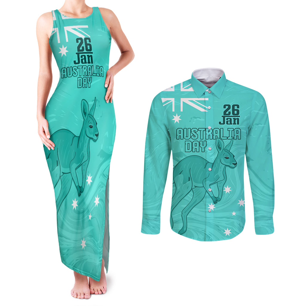 Personalised Matildas Australia Day Couples Matching Tank Maxi Dress and Long Sleeve Button Shirt Proud To Be Tillies Turquoise Version