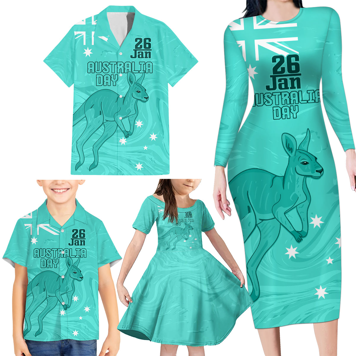 Personalised Matildas Australia Day Family Matching Long Sleeve Bodycon Dress and Hawaiian Shirt Proud To Be Tillies Turquoise Version