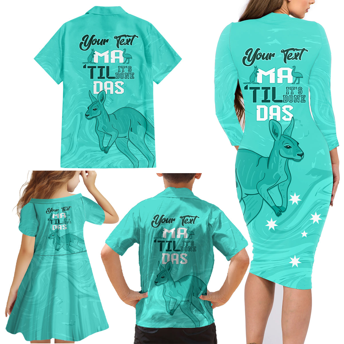 Personalised Matildas Australia Day Family Matching Long Sleeve Bodycon Dress and Hawaiian Shirt Proud To Be Tillies Turquoise Version