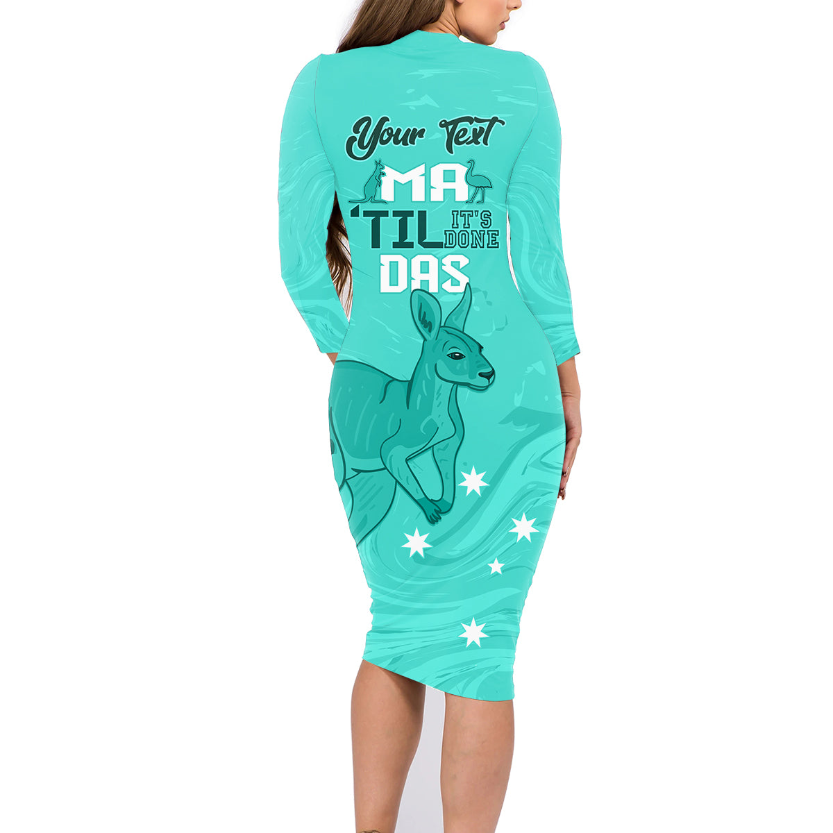 Personalised Matildas Australia Day Family Matching Long Sleeve Bodycon Dress and Hawaiian Shirt Proud To Be Tillies Turquoise Version