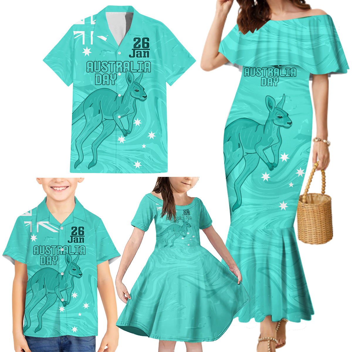 Personalised Matildas Australia Day Family Matching Mermaid Dress and Hawaiian Shirt Proud To Be Tillies Turquoise Version