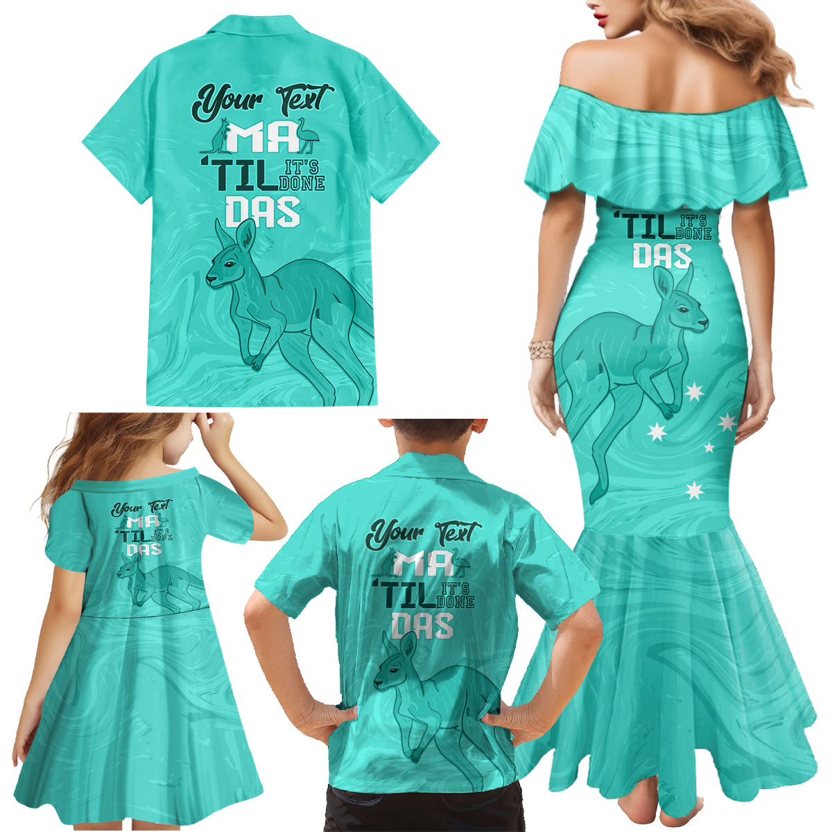 Personalised Matildas Australia Day Family Matching Mermaid Dress and Hawaiian Shirt Proud To Be Tillies Turquoise Version