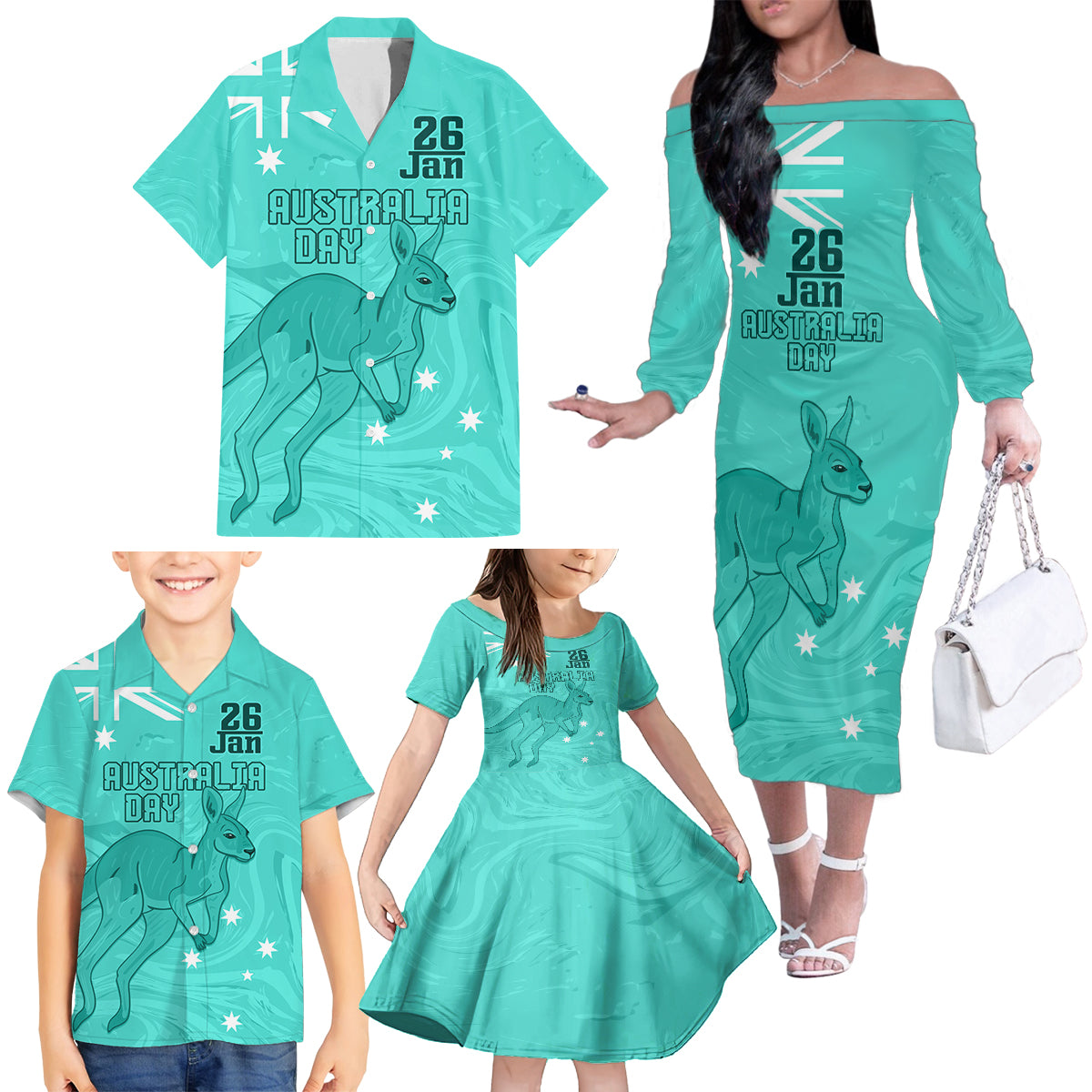 Personalised Matildas Australia Day Family Matching Off Shoulder Long Sleeve Dress and Hawaiian Shirt Proud To Be Tillies Turquoise Version