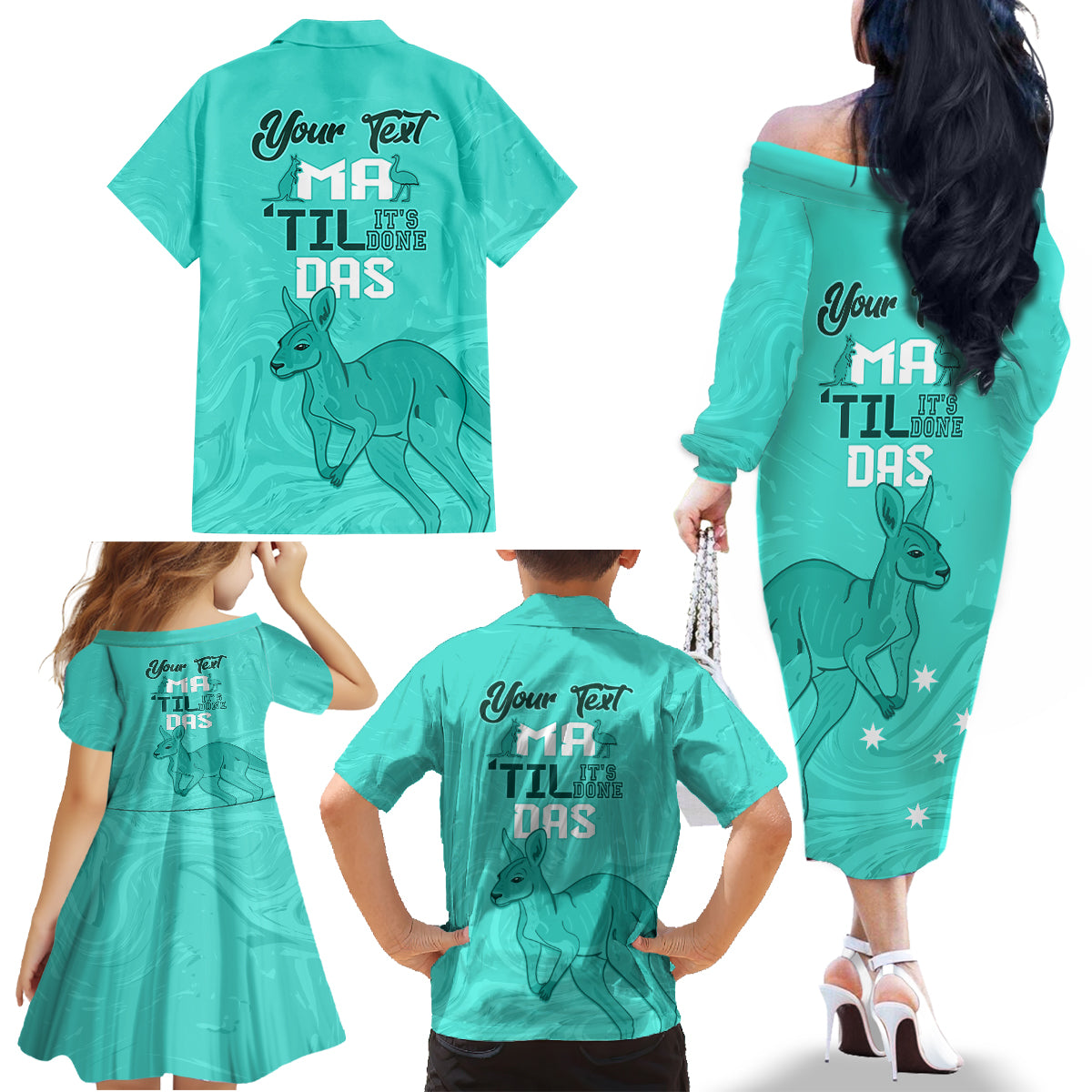 Personalised Matildas Australia Day Family Matching Off Shoulder Long Sleeve Dress and Hawaiian Shirt Proud To Be Tillies Turquoise Version