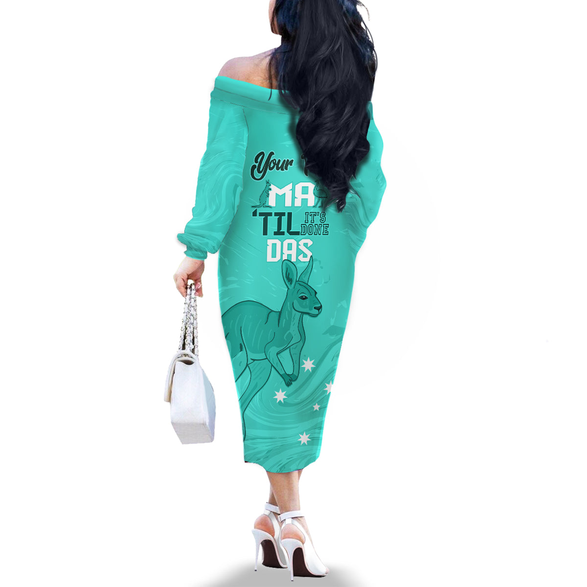 Personalised Matildas Australia Day Family Matching Off Shoulder Long Sleeve Dress and Hawaiian Shirt Proud To Be Tillies Turquoise Version