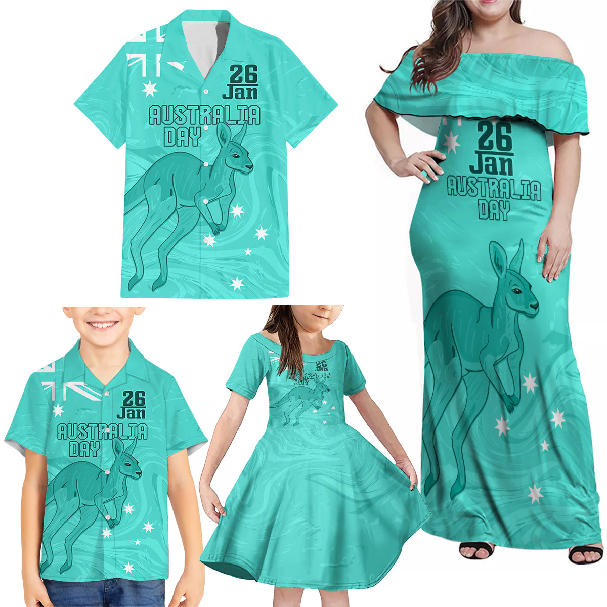 Personalised Matildas Australia Day Family Matching Off Shoulder Maxi Dress and Hawaiian Shirt Proud To Be Tillies Turquoise Version