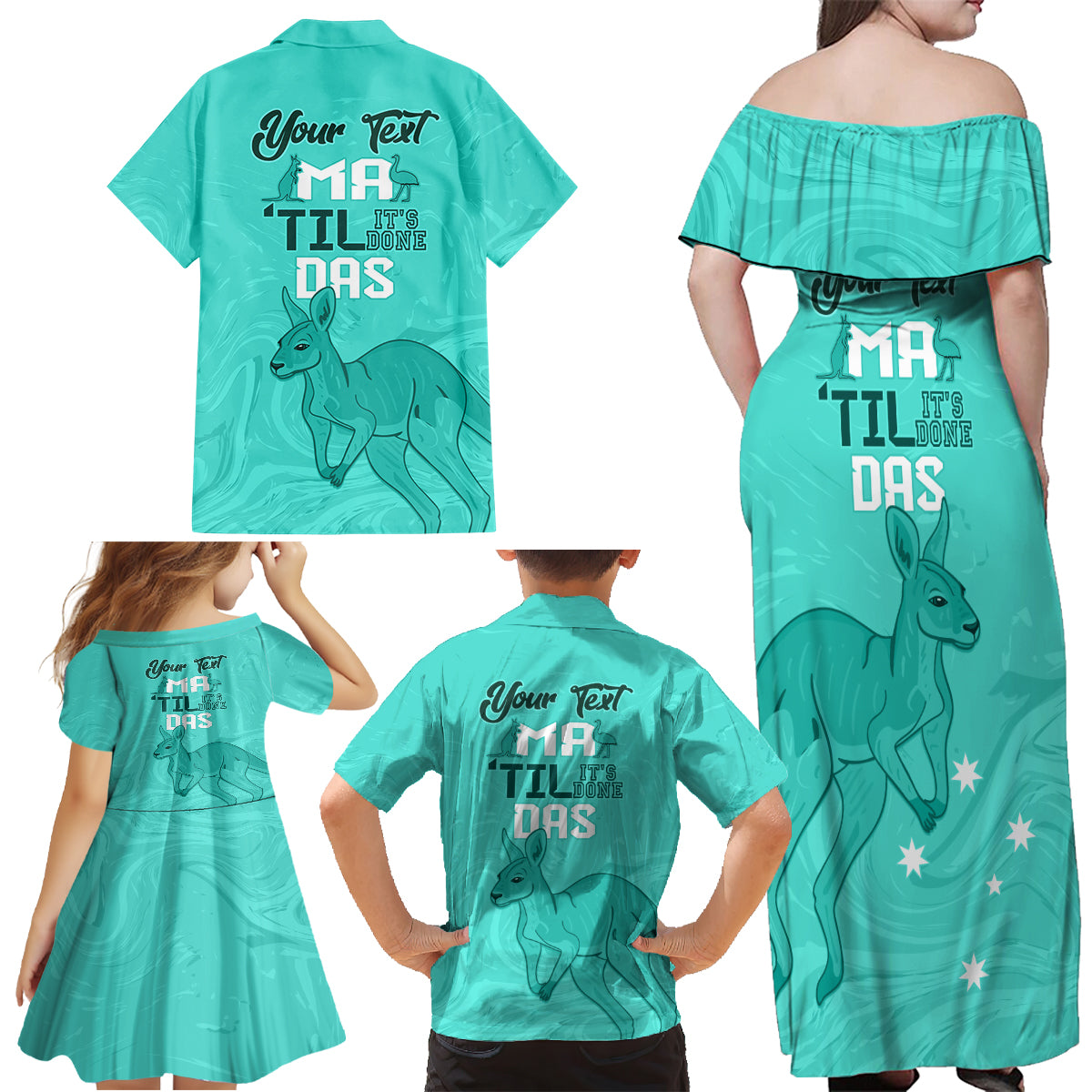 Personalised Matildas Australia Day Family Matching Off Shoulder Maxi Dress and Hawaiian Shirt Proud To Be Tillies Turquoise Version