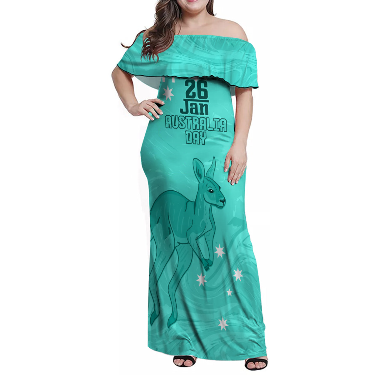 Personalised Matildas Australia Day Family Matching Off Shoulder Maxi Dress and Hawaiian Shirt Proud To Be Tillies Turquoise Version