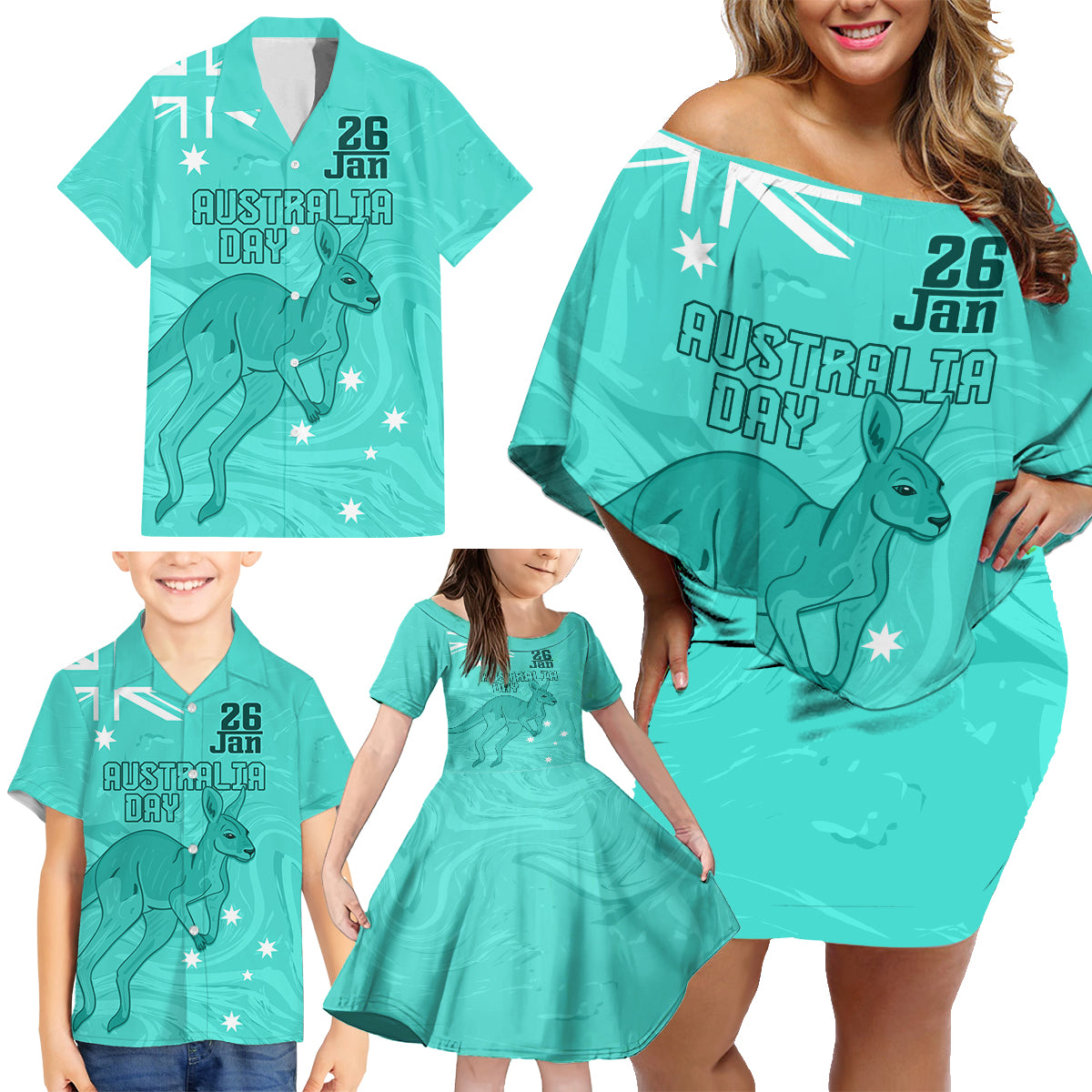 Personalised Matildas Australia Day Family Matching Off Shoulder Short Dress and Hawaiian Shirt Proud To Be Tillies Turquoise Version