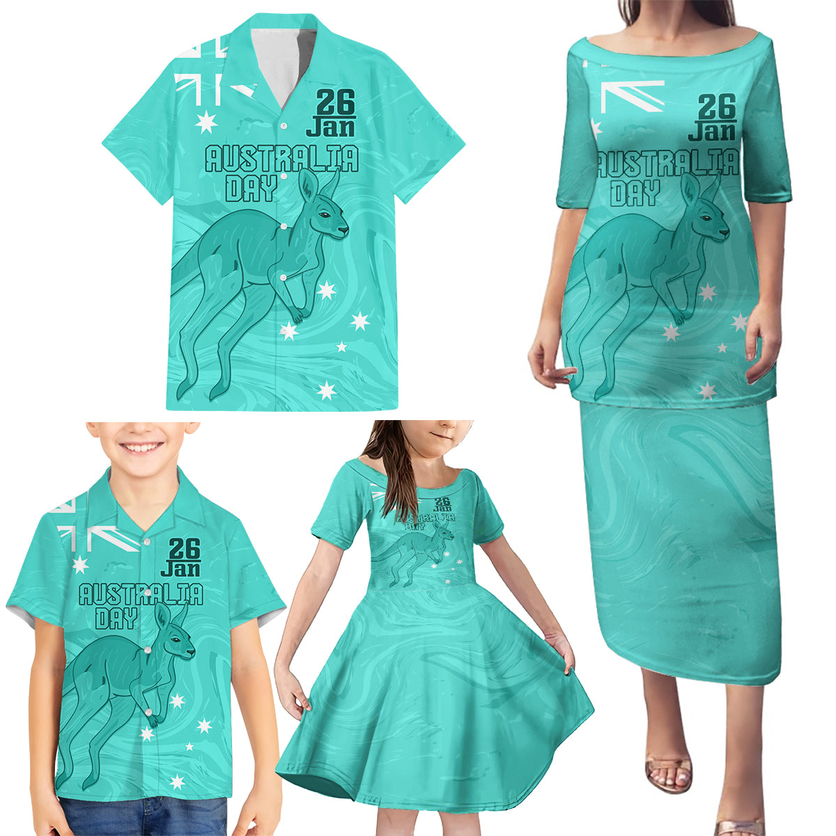 Personalised Matildas Australia Day Family Matching Puletasi and Hawaiian Shirt Proud To Be Tillies Turquoise Version