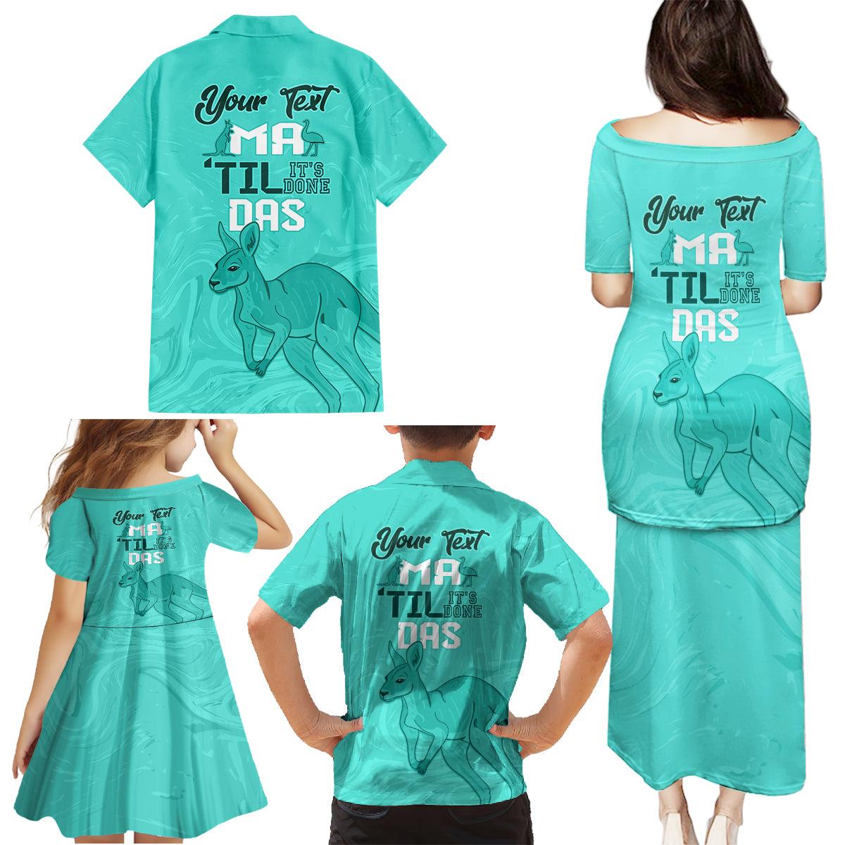 Personalised Matildas Australia Day Family Matching Puletasi and Hawaiian Shirt Proud To Be Tillies Turquoise Version