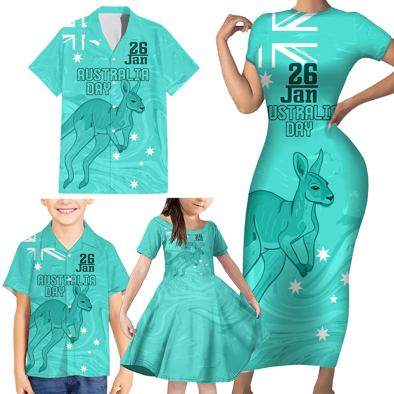 Personalised Matildas Australia Day Family Matching Short Sleeve Bodycon Dress and Hawaiian Shirt Proud To Be Tillies Turquoise Version