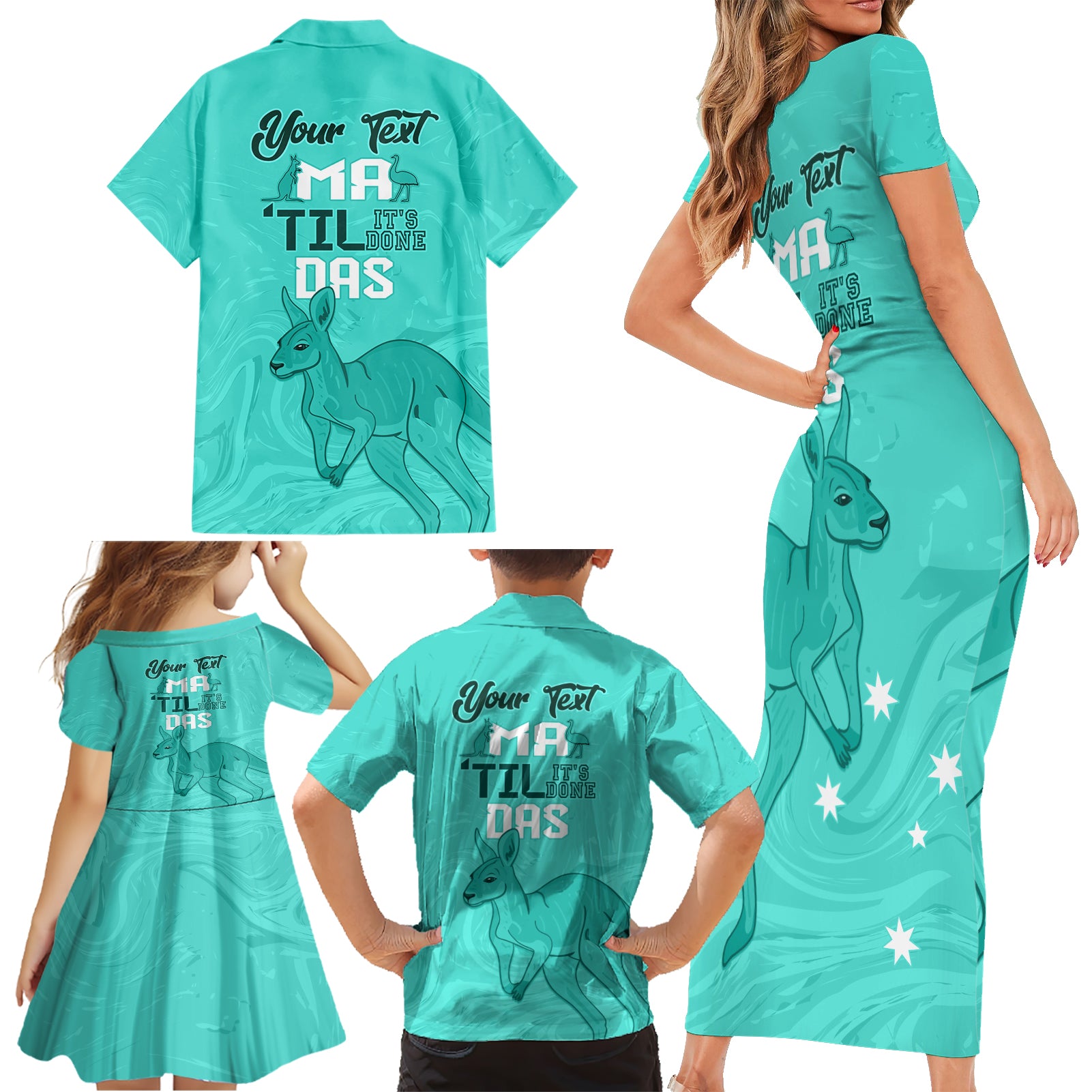 Personalised Matildas Australia Day Family Matching Short Sleeve Bodycon Dress and Hawaiian Shirt Proud To Be Tillies Turquoise Version