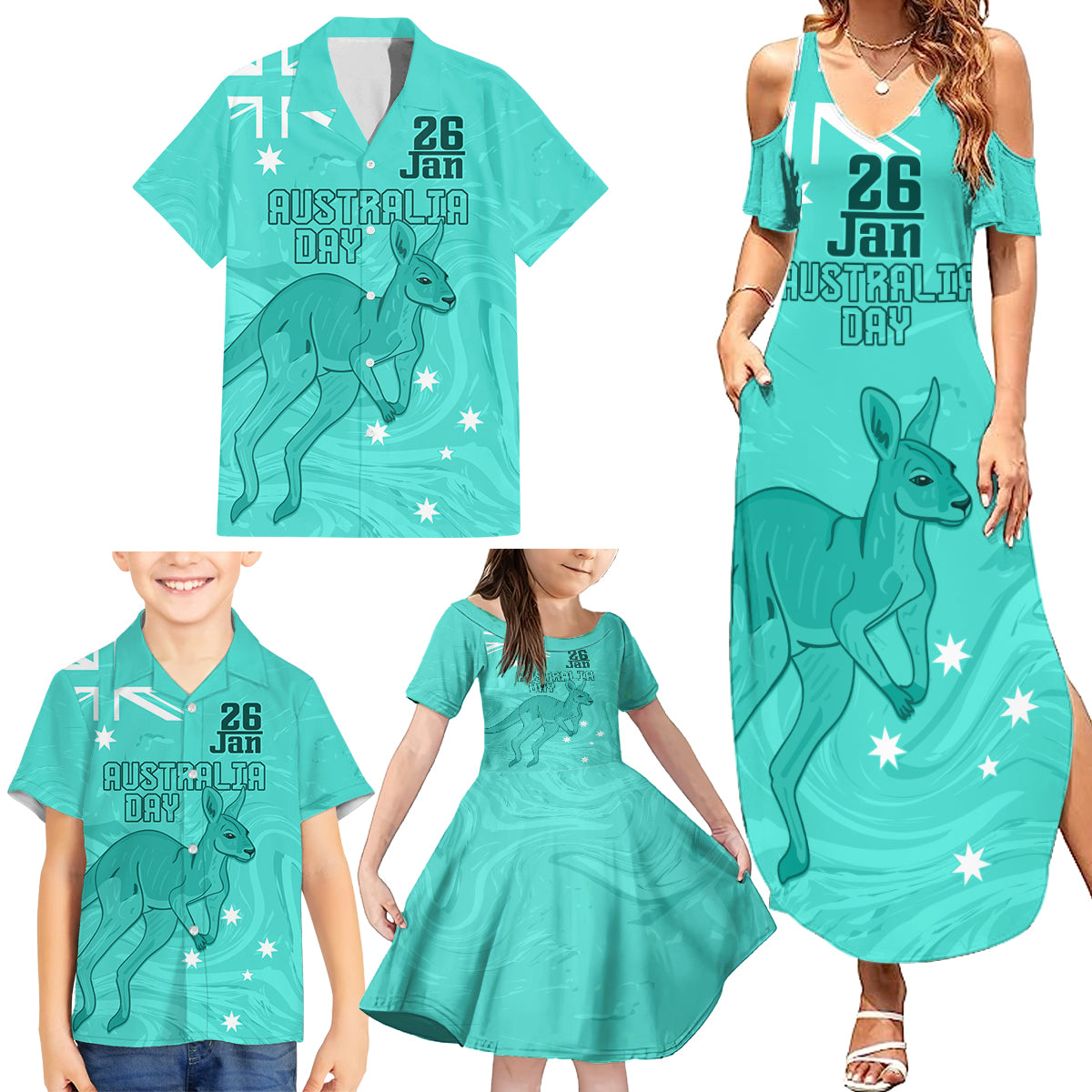 Personalised Matildas Australia Day Family Matching Summer Maxi Dress and Hawaiian Shirt Proud To Be Tillies Turquoise Version