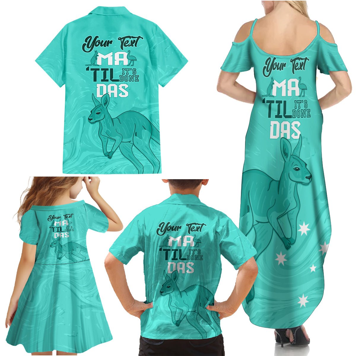 Personalised Matildas Australia Day Family Matching Summer Maxi Dress and Hawaiian Shirt Proud To Be Tillies Turquoise Version