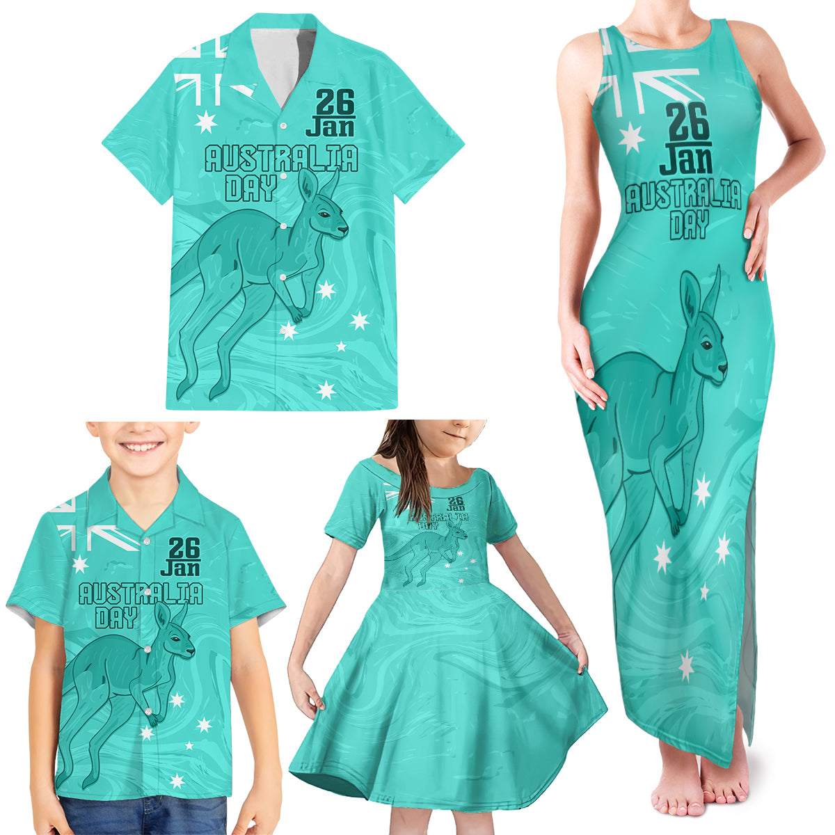 Personalised Matildas Australia Day Family Matching Tank Maxi Dress and Hawaiian Shirt Proud To Be Tillies Turquoise Version