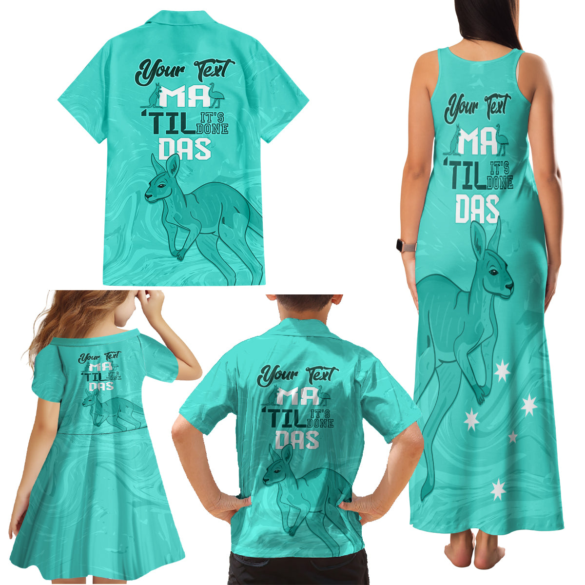 Personalised Matildas Australia Day Family Matching Tank Maxi Dress and Hawaiian Shirt Proud To Be Tillies Turquoise Version