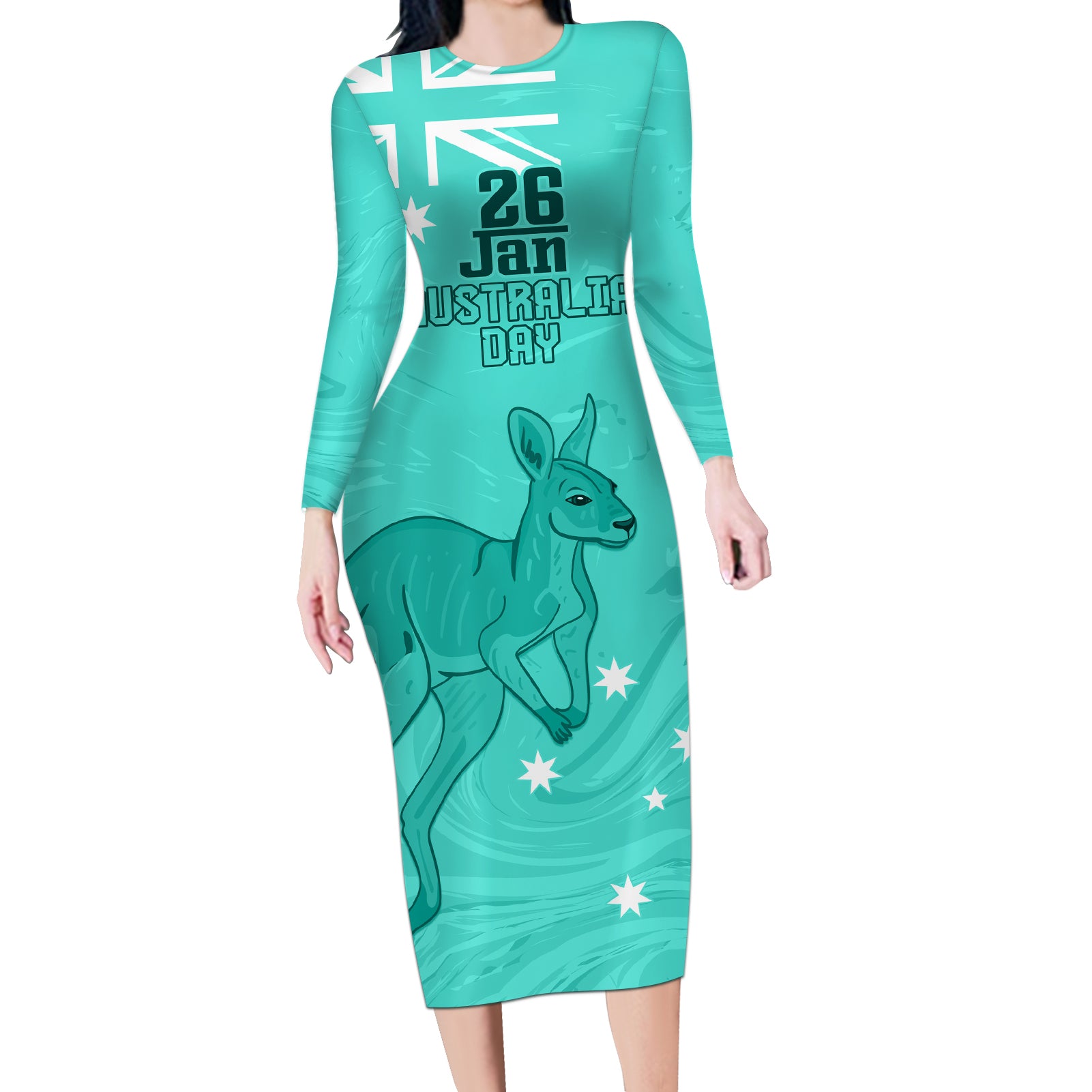 Personalised Matildas Australia Day Long Sleeve Bodycon Dress Proud To Be Tillies Turquoise Version