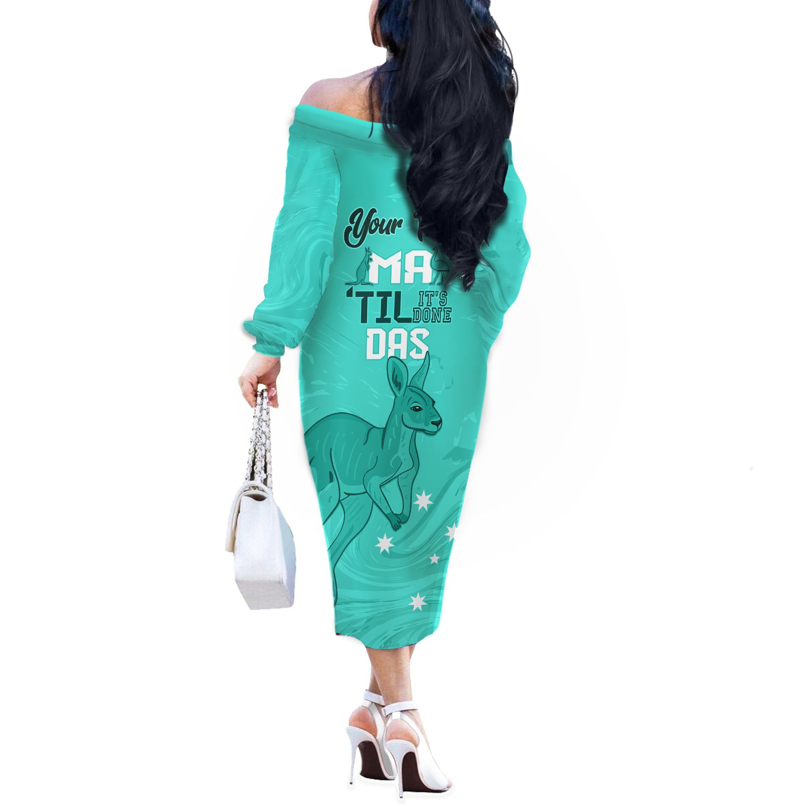 Personalised Matildas Australia Day Off The Shoulder Long Sleeve Dress Proud To Be Tillies Turquoise Version