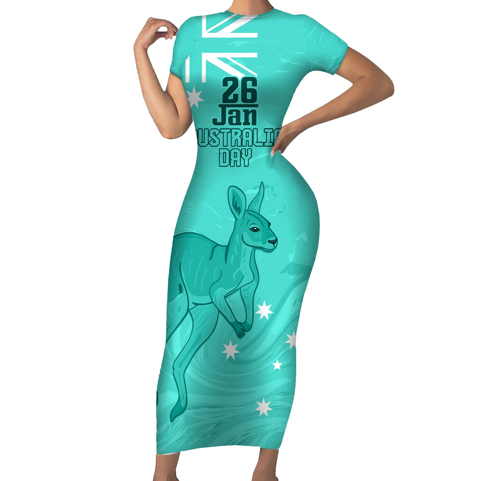 Personalised Matildas Australia Day Short Sleeve Bodycon Dress Proud To Be Tillies Turquoise Version