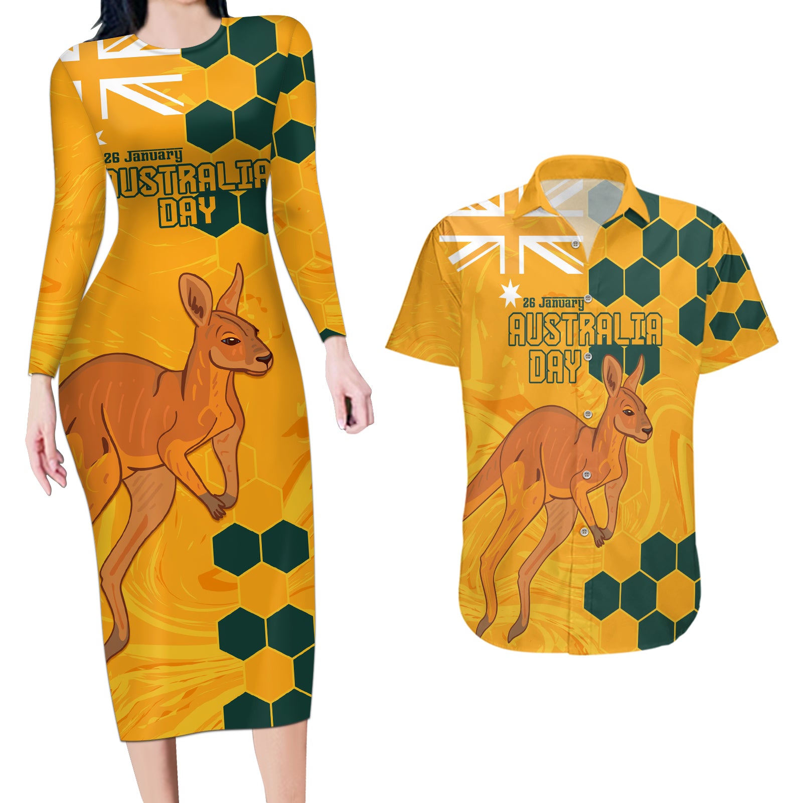 Custom Australia Day Soccer Socceroos Couples Matching Long Sleeve Bodycon Dress and Hawaiian Shirt We Are One And Free