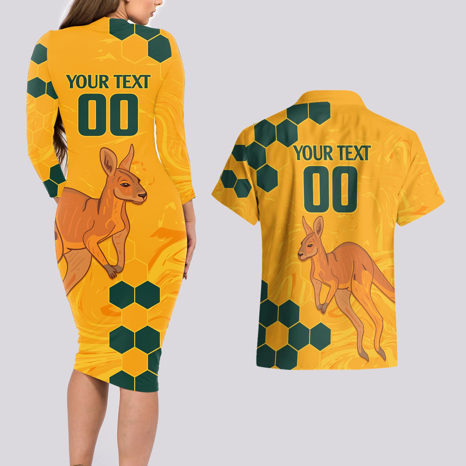 Custom Australia Day Soccer Socceroos Couples Matching Long Sleeve Bodycon Dress and Hawaiian Shirt We Are One And Free