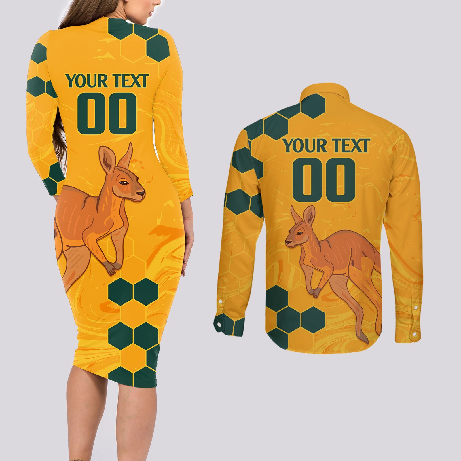 Custom Australia Day Soccer Socceroos Couples Matching Long Sleeve Bodycon Dress and Long Sleeve Button Shirt We Are One And Free