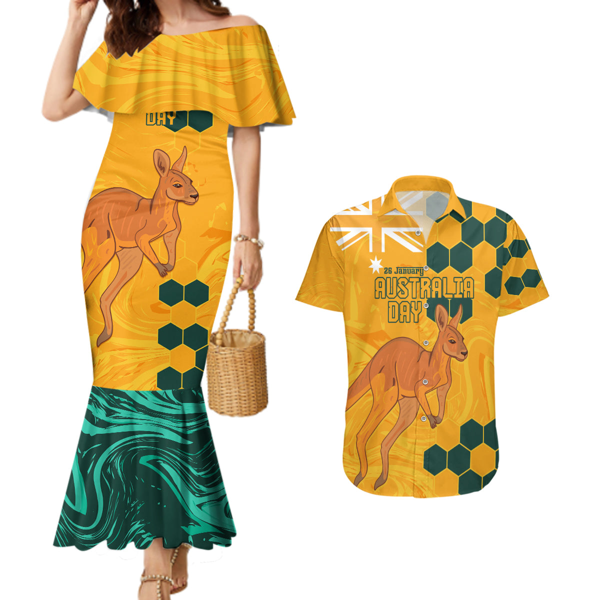 Custom Australia Day Soccer Socceroos Couples Matching Mermaid Dress and Hawaiian Shirt We Are One And Free