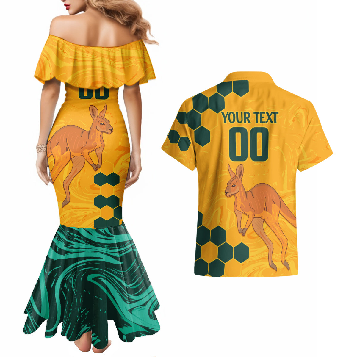 Custom Australia Day Soccer Socceroos Couples Matching Mermaid Dress and Hawaiian Shirt We Are One And Free