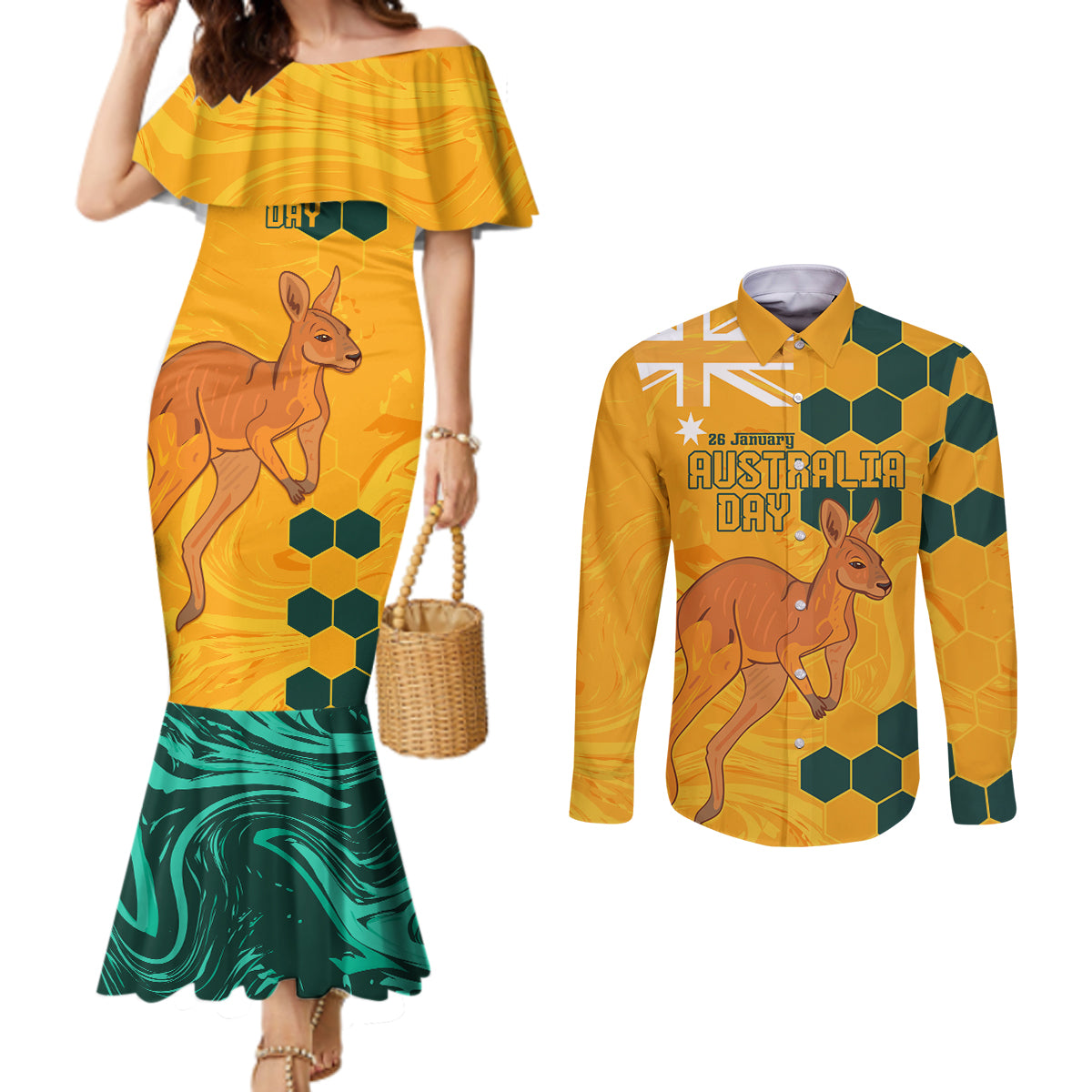 Custom Australia Day Soccer Socceroos Couples Matching Mermaid Dress and Long Sleeve Button Shirt We Are One And Free