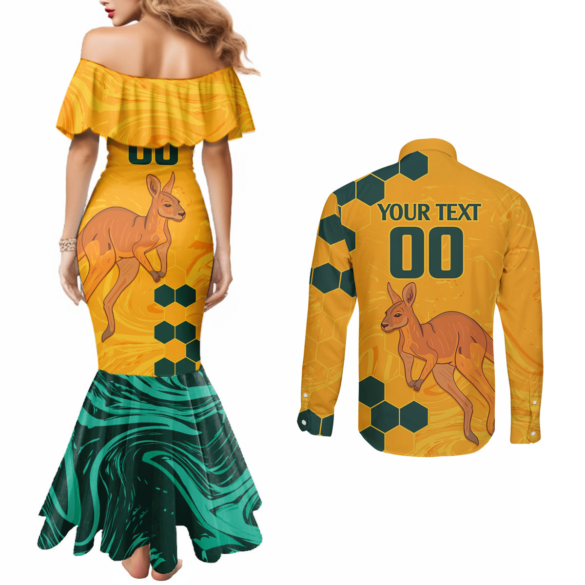 Custom Australia Day Soccer Socceroos Couples Matching Mermaid Dress and Long Sleeve Button Shirt We Are One And Free