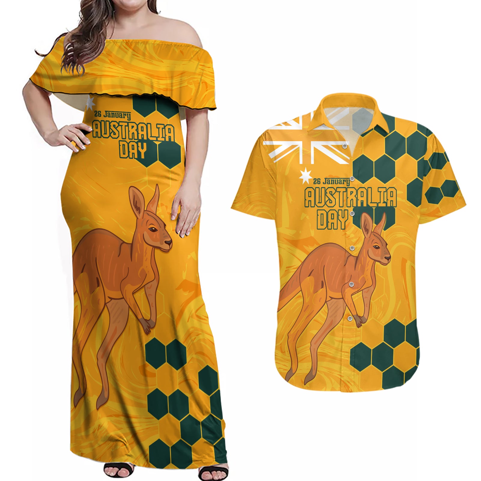 Custom Australia Day Soccer Socceroos Couples Matching Off Shoulder Maxi Dress and Hawaiian Shirt We Are One And Free