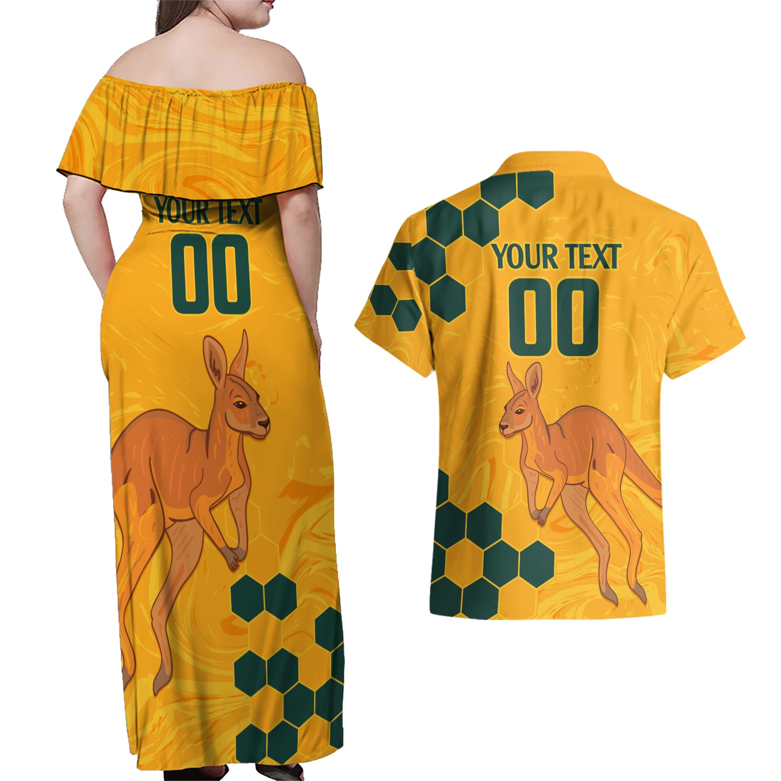 Custom Australia Day Soccer Socceroos Couples Matching Off Shoulder Maxi Dress and Hawaiian Shirt We Are One And Free