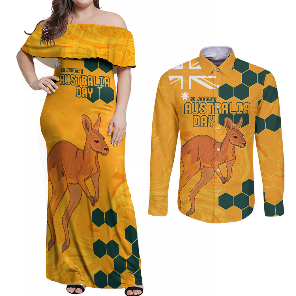 Custom Australia Day Soccer Socceroos Couples Matching Off Shoulder Maxi Dress and Long Sleeve Button Shirt We Are One And Free