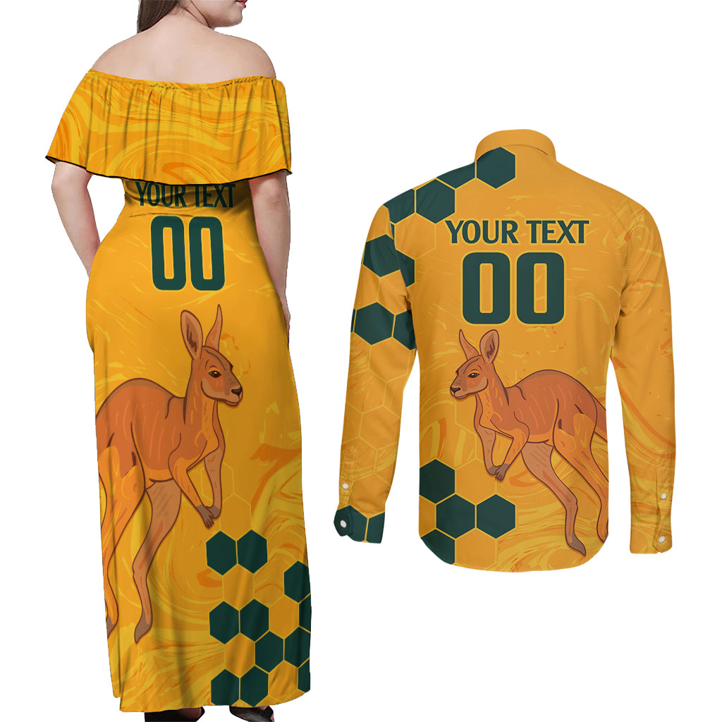 Custom Australia Day Soccer Socceroos Couples Matching Off Shoulder Maxi Dress and Long Sleeve Button Shirt We Are One And Free