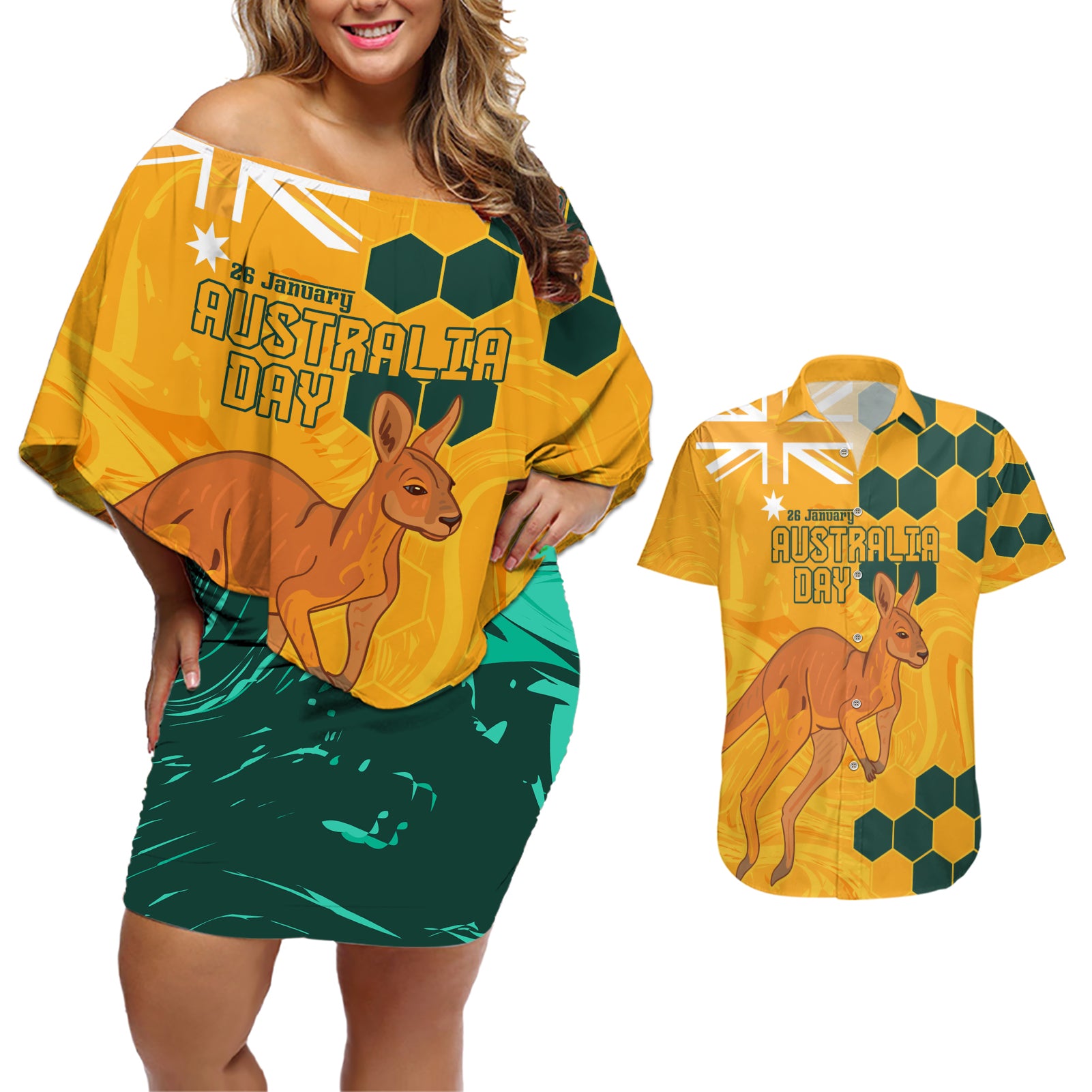 Custom Australia Day Soccer Socceroos Couples Matching Off Shoulder Short Dress and Hawaiian Shirt We Are One And Free