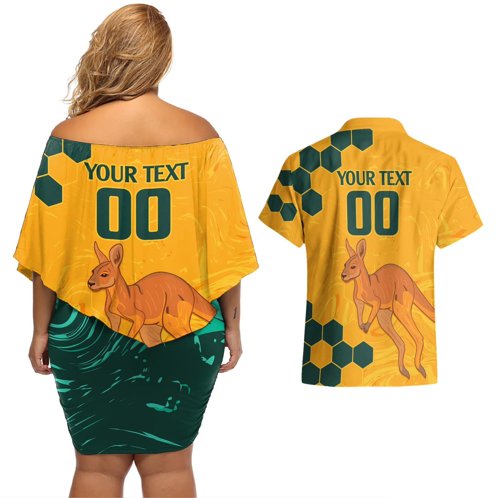 Custom Australia Day Soccer Socceroos Couples Matching Off Shoulder Short Dress and Hawaiian Shirt We Are One And Free