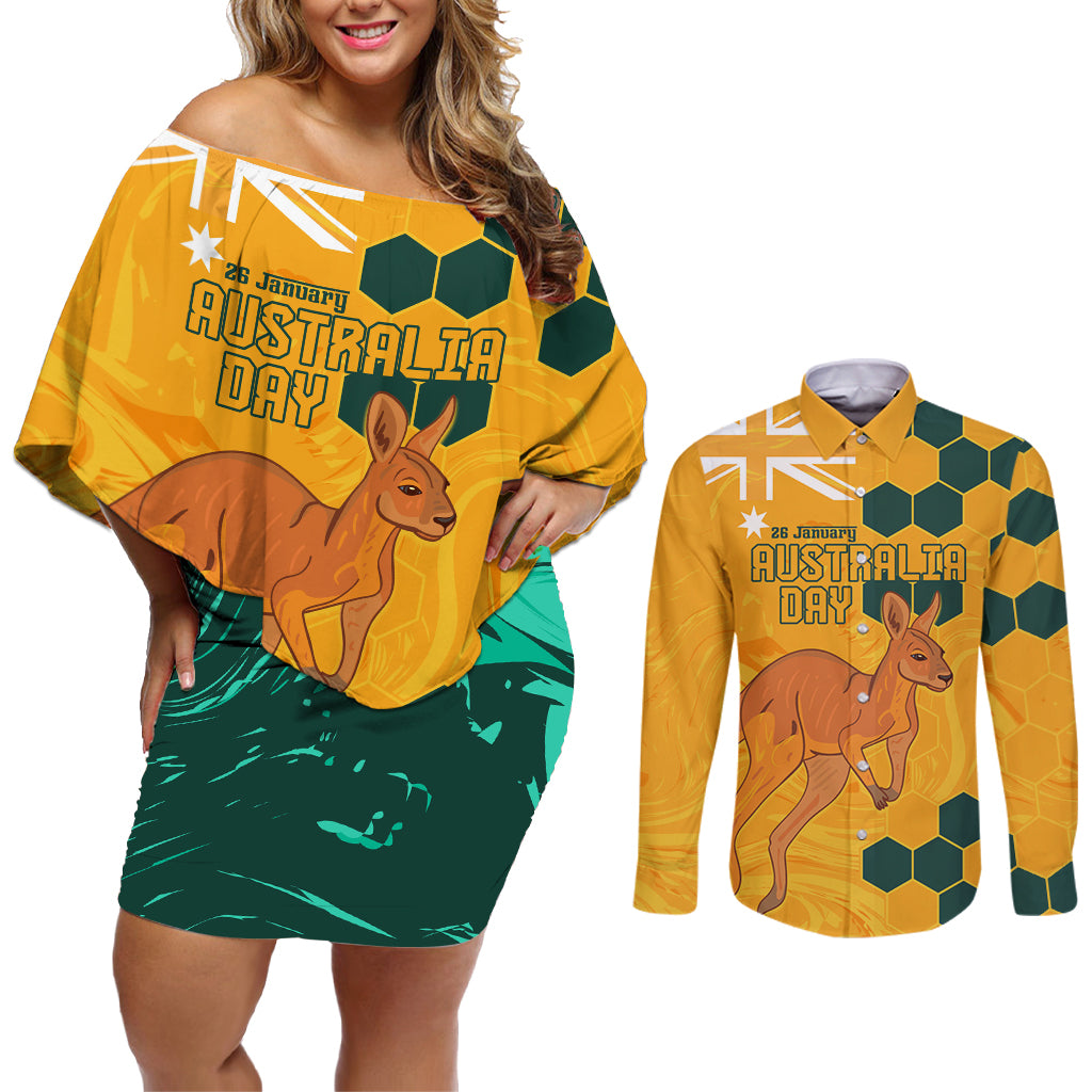 Custom Australia Day Soccer Socceroos Couples Matching Off Shoulder Short Dress and Long Sleeve Button Shirt We Are One And Free