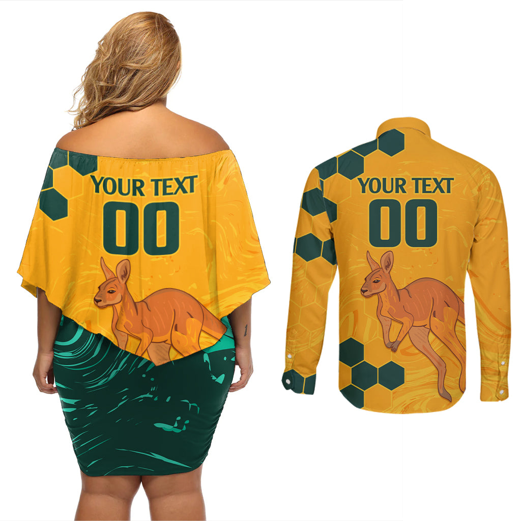 Custom Australia Day Soccer Socceroos Couples Matching Off Shoulder Short Dress and Long Sleeve Button Shirt We Are One And Free