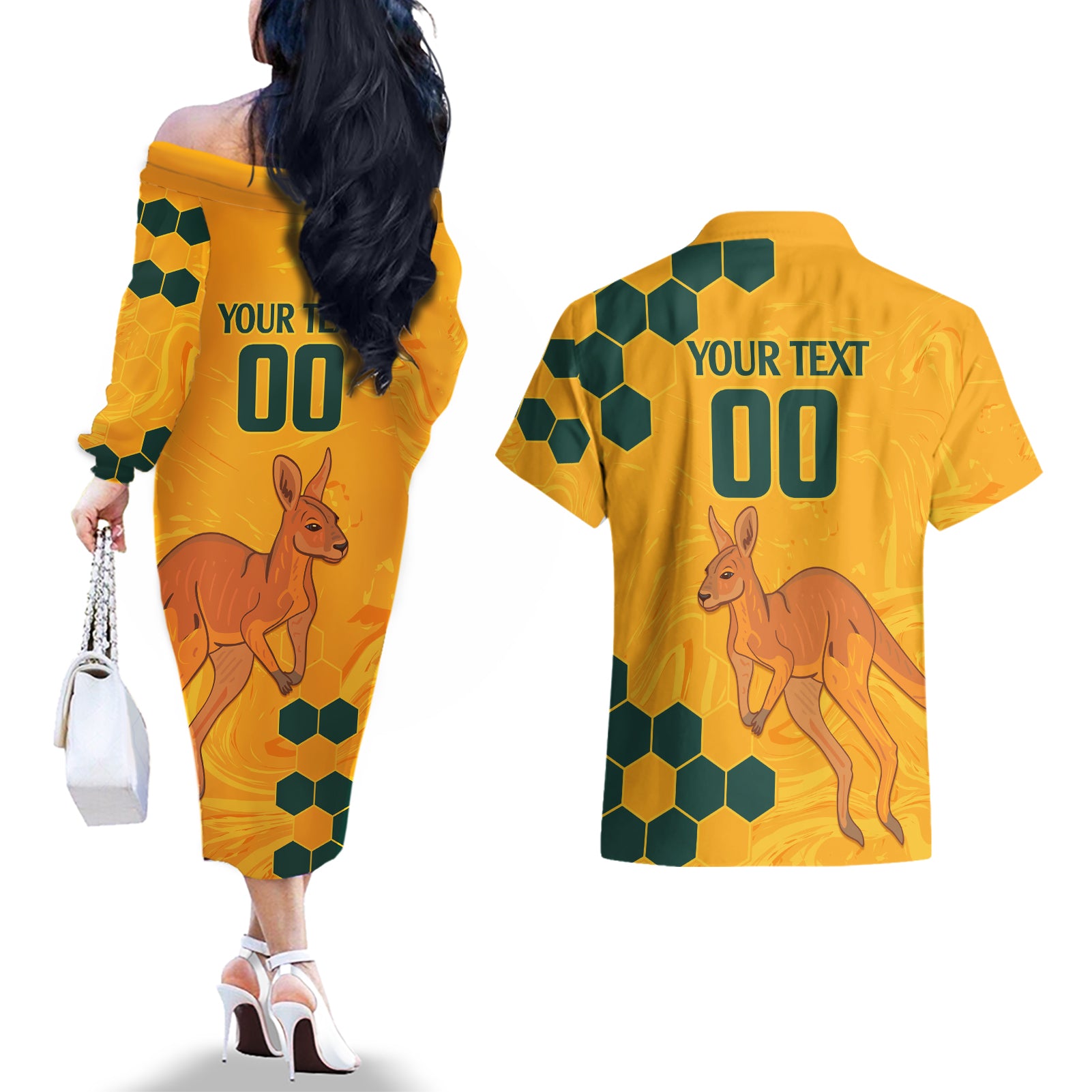 Custom Australia Day Soccer Socceroos Couples Matching Off The Shoulder Long Sleeve Dress and Hawaiian Shirt We Are One And Free